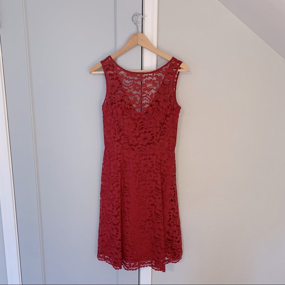 David’s Bridal Knee Length Lace Bridesmaid Dress in Apple Red